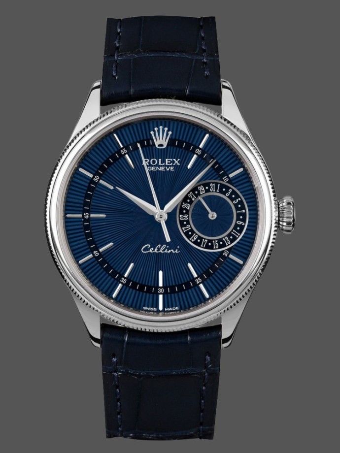 rolex cellini date 50519 blue dial blue leather strap 39mm mens replica watch