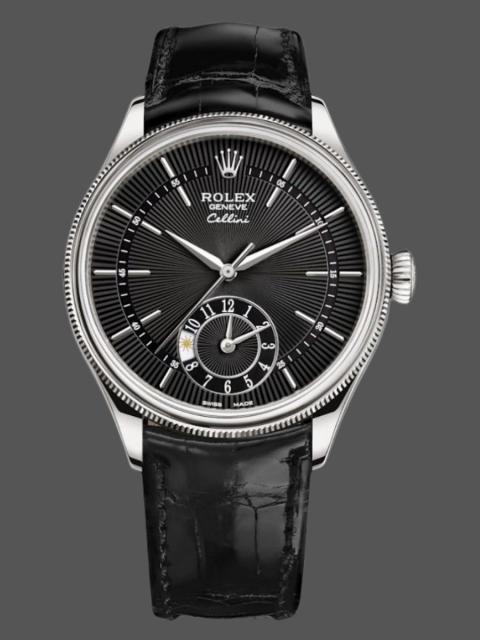rolex cellini dual time 50529 black guilloche dial 39mm mens replica watch