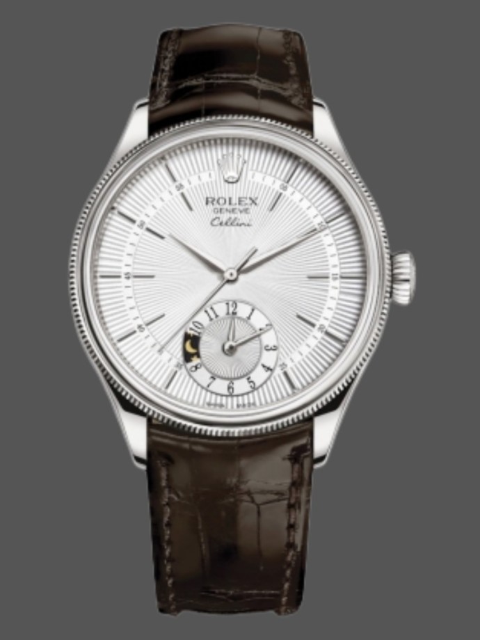 rolex cellini dual time 50529 silver dial brown strap 39mm mens replica watch