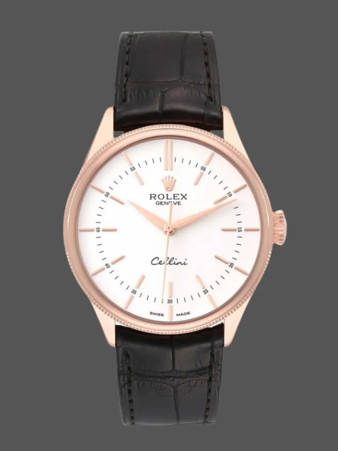 rolex cellini time 50505 black leather strap white dial 39mm mens replica watch