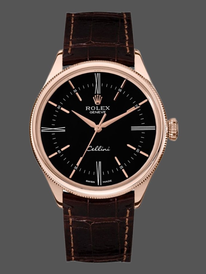 rolex cellini time 50505 brown leather strap black dial 39mm mens replica watch
