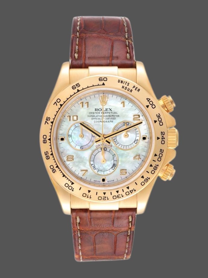 rolex daytona 116518 yellow gold mop dial brown strap 40mm mens