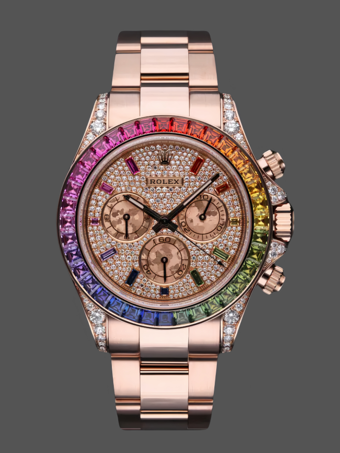 rolex daytona 116595rbow 'rainbow' rose gold pave diamond