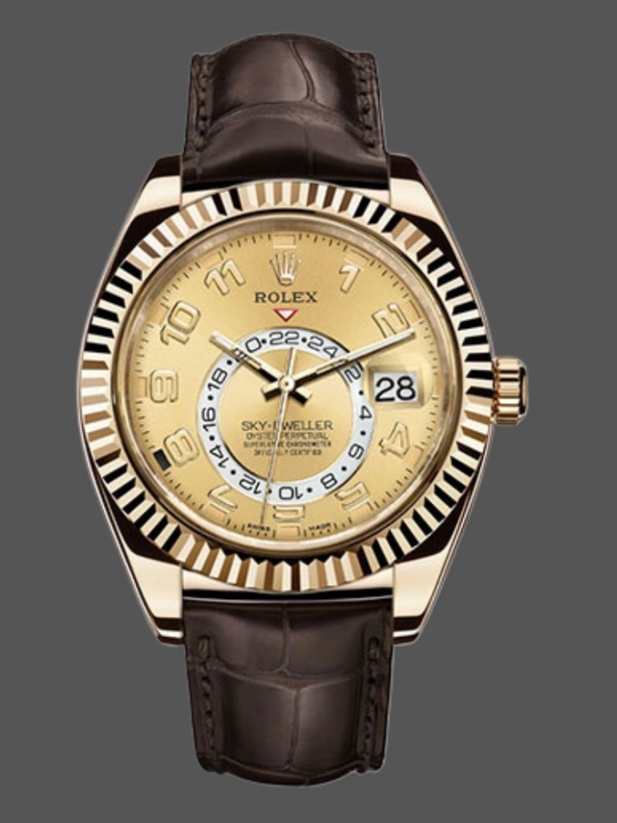 rolex sky dweller 326138 champagne arabic dial yellow gold 42mm mens