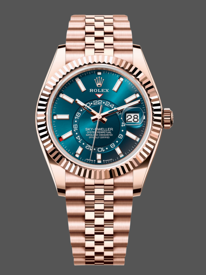 rolex sky dweller 42 everose gold blue green dial m336935 0005 men's