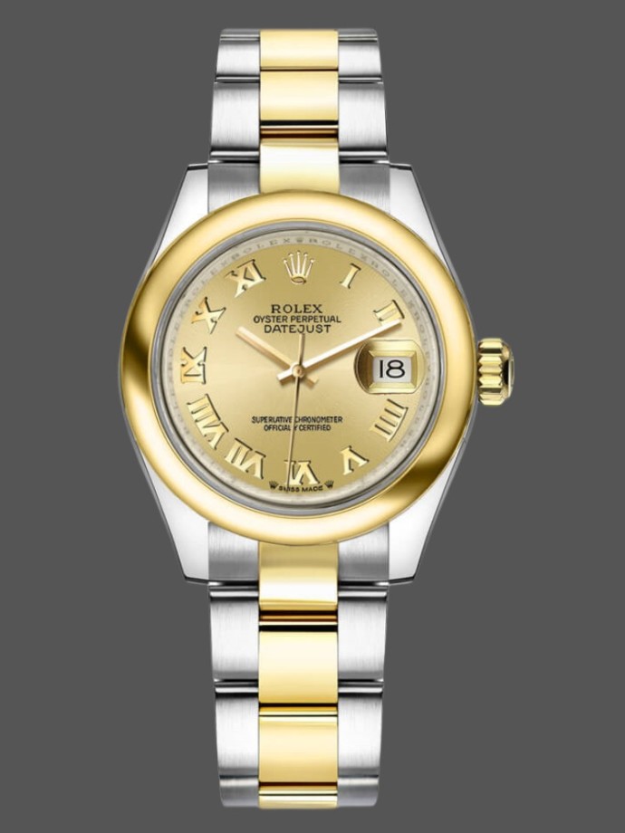 rolex datejust 279163 champagne roman numeral dial domed bezel 28mm lady replica watch