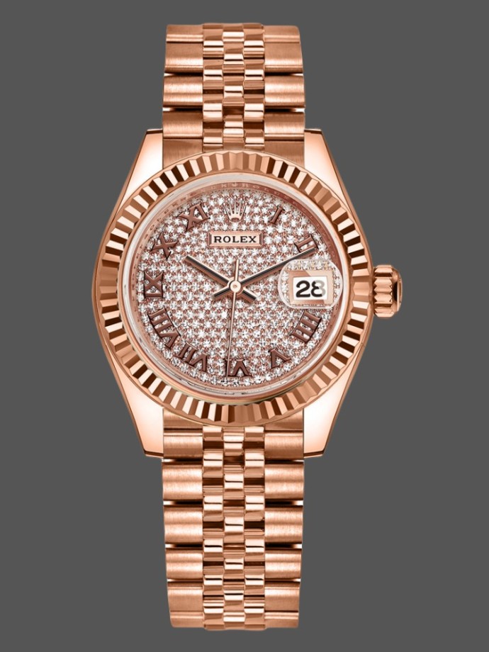 rolex datejust 279175 diamond pave dial rose gold 28mm lady replica watch