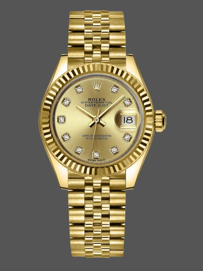rolex datejust 279178 champagne diamond dial yellow gold 28mm lady replica watch