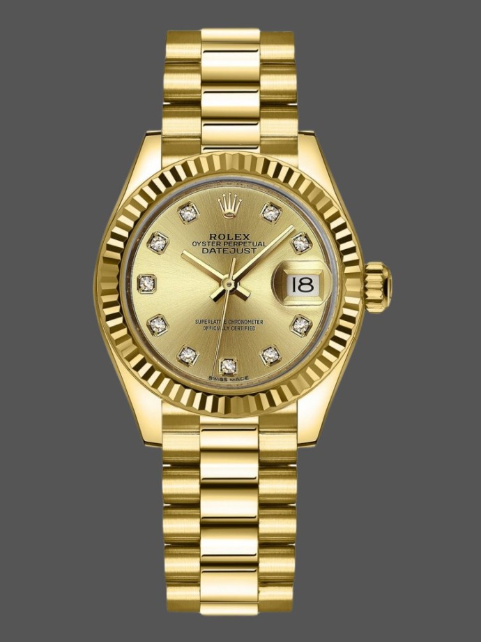 rolex datejust 279178 champagne fluted bezel 28mm lady replica watch