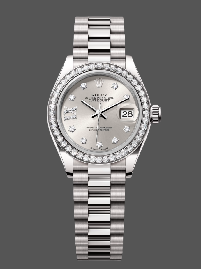 rolex datejust 28mm white gold silver diamond president 279139rbr 0003 women's watch