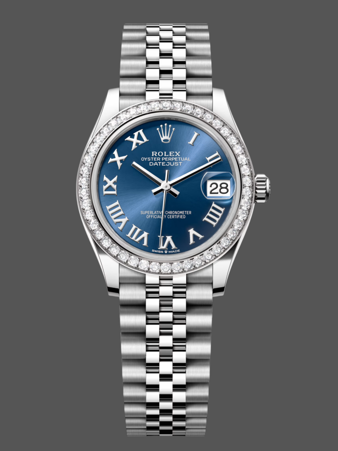 rolex datejust 31 stainless steel and white gold blue roman dial m278384rbr 0037 women's watch