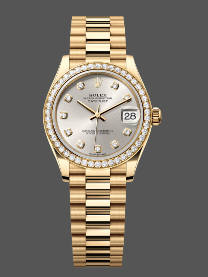 rolex datejust 31 yellow gold silver diamond dial diamond bezel m278288rbr 0028 women's watch
