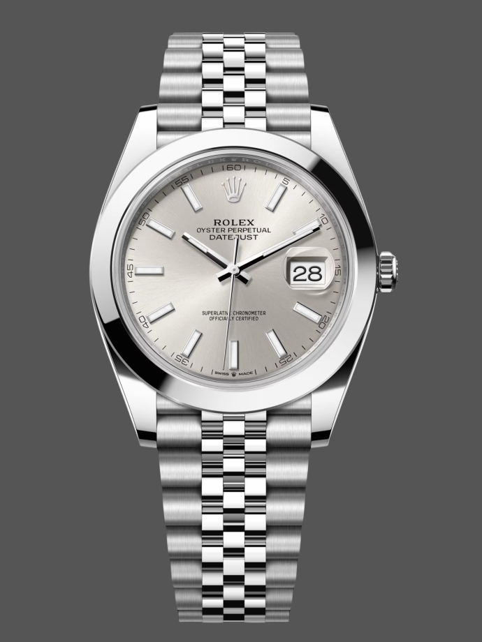 rolex datejust 41mm m126300 0004 silver stick dial oystersteel case domed bezel