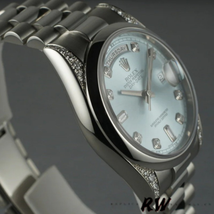 rolex day date 118296 platinum ice blue dial diamond 36mm unisex1 rolex day date 118296 platinum ice blue dial diamond 36mm unisex1