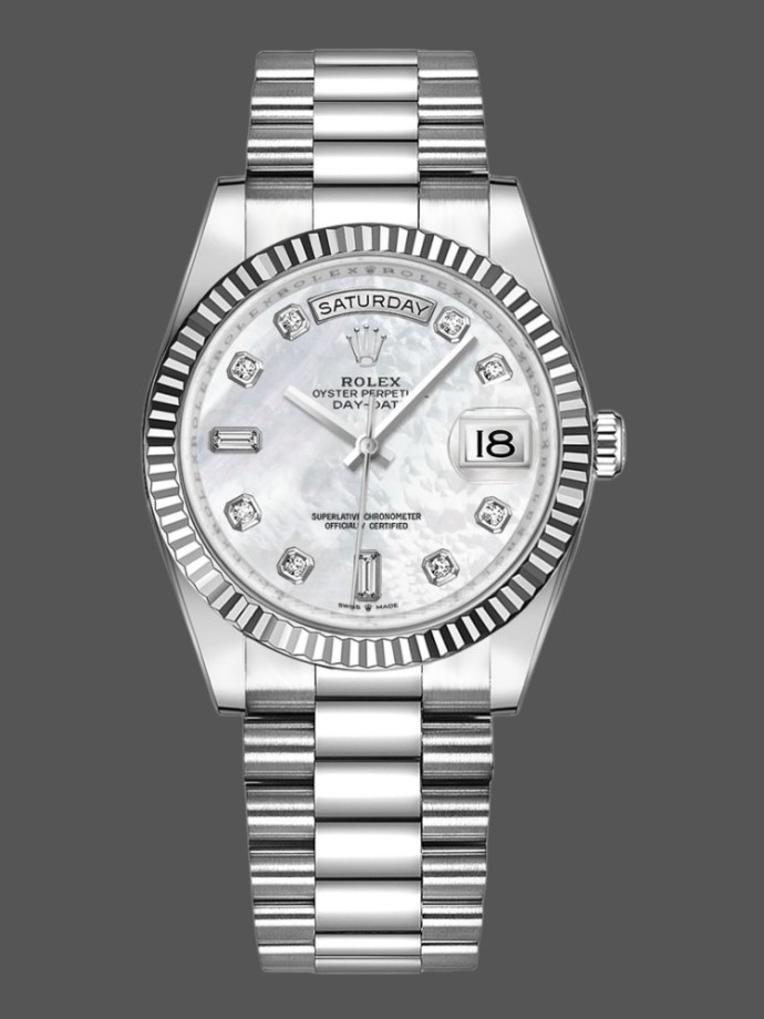 rolex day date 128239 white gold mother of pearl dial 36mm unisex