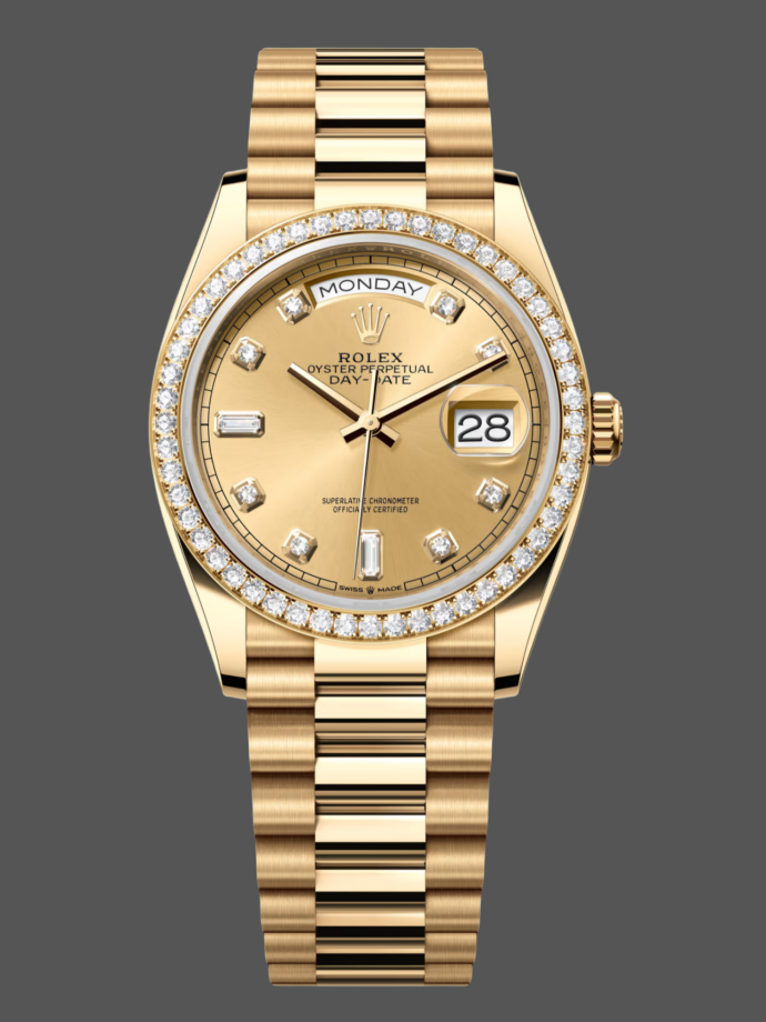rolex day date 128348rbr champagne diamond dial yellow gold 36mm