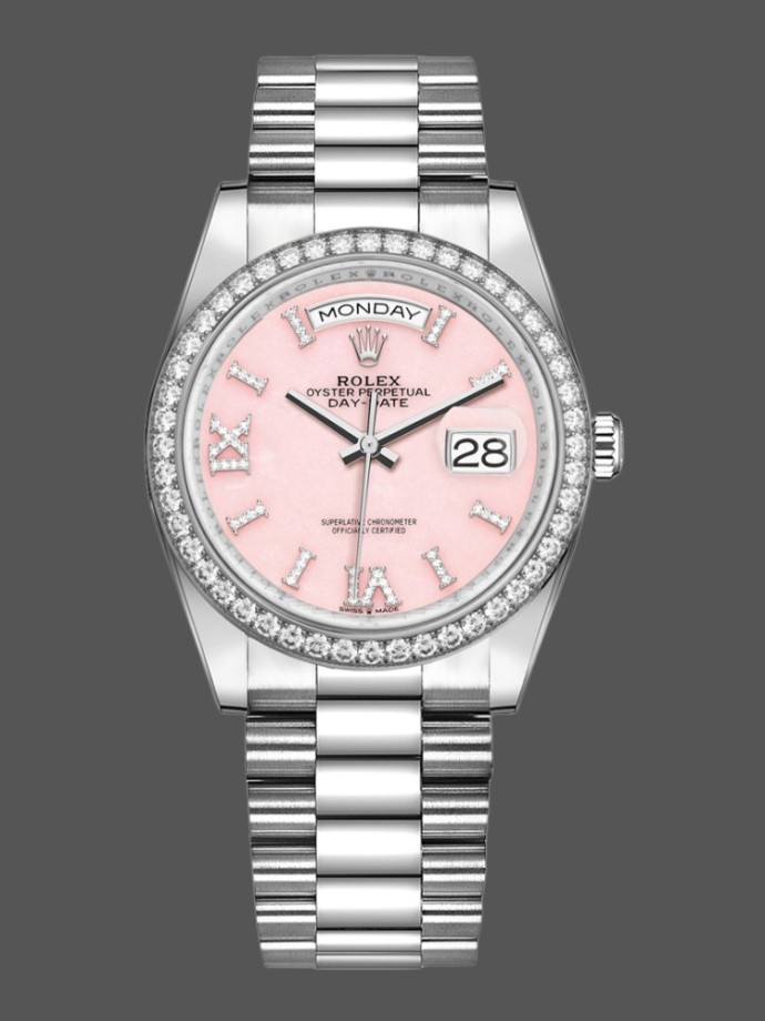 rolex day date 128349rbr pink opal dial diamond bezel 36mm unisex