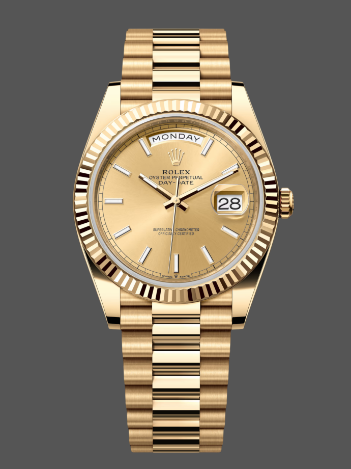 rolex day date 228238 champagne diamond dial fluted bezel 40mm