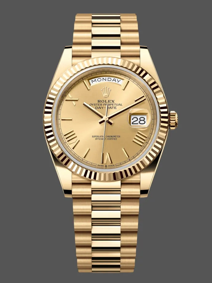 rolex day date 228238 champagne roman dial fluted bezel 40mm mens