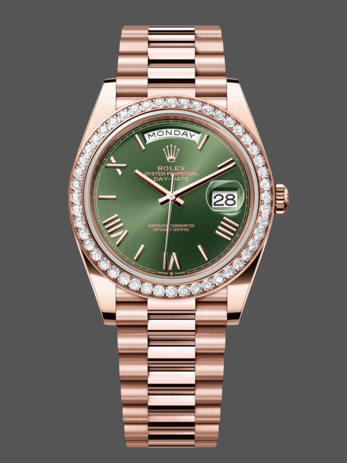 rolex day date 228345rbr 0011 olive green roman dial diamond bezel