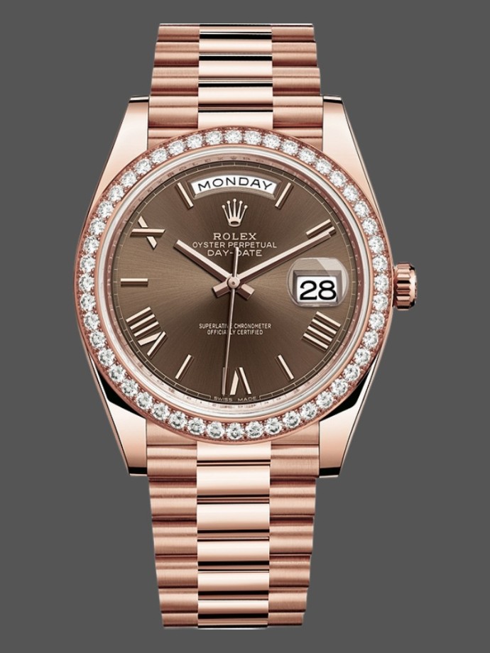 rolex day date 228345rbr chocolate brown roman dial diamond bezel