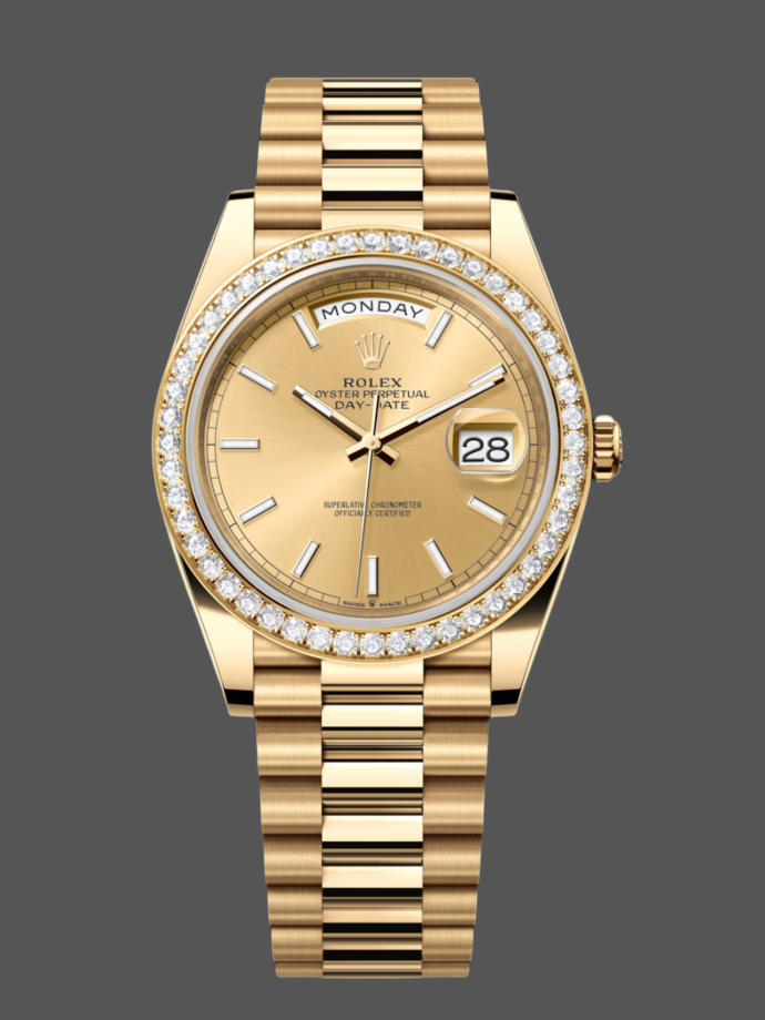 rolex day date 228348rbr champagne index dial diamond bezel 40mm mens