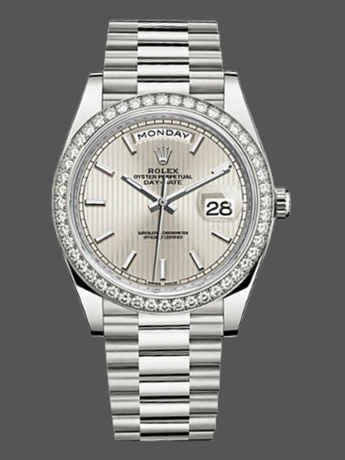 rolex day date 228349rbr silver stripe motif dial diamond bezel 40mm mens