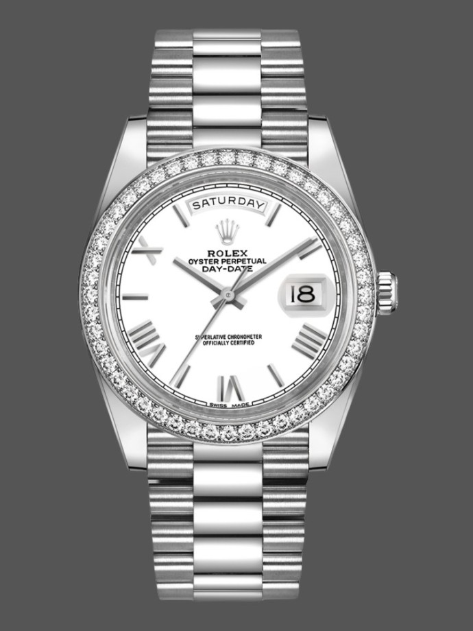 rolex day date 228349rbr white roman dial diamond bezel 40mm
