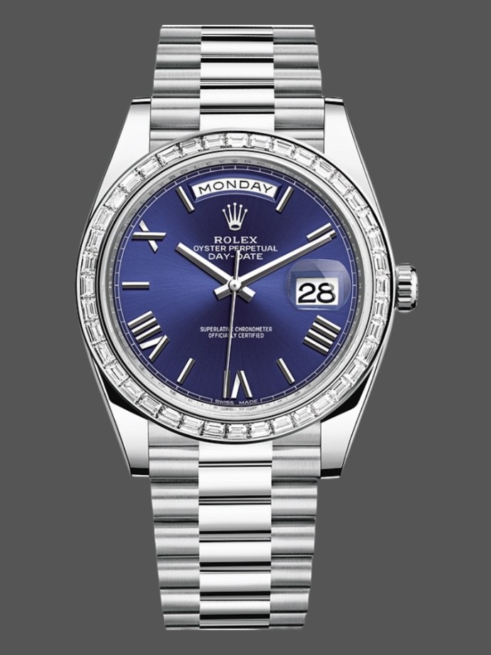 rolex day date 228396tbr blue dial platinum diamond bezel 40mm mens