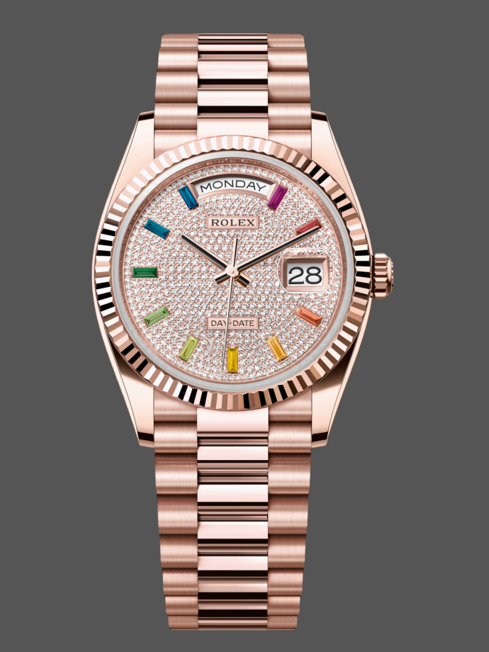 rolex day date 36 diamond paved dial fluted bezel 18k everose gold9
