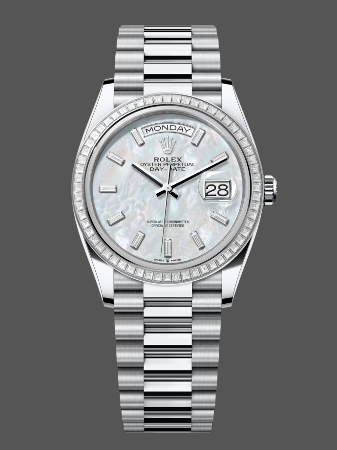 rolex day date 36 mop dial diamond bezel platinum m128396tbr 0022