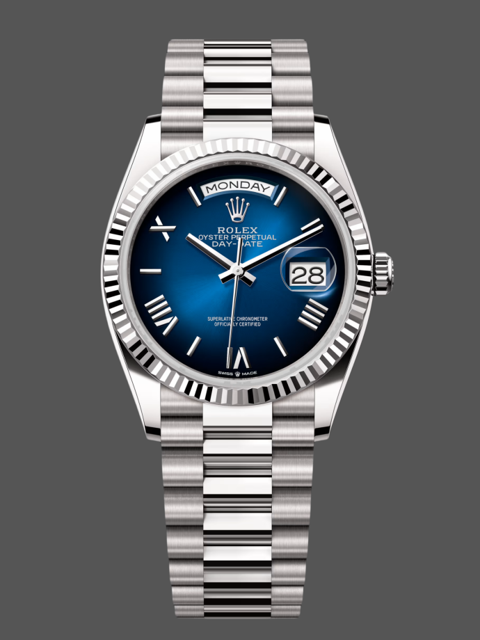 rolex day date 36 white gold blue ombre dial m128236 0020