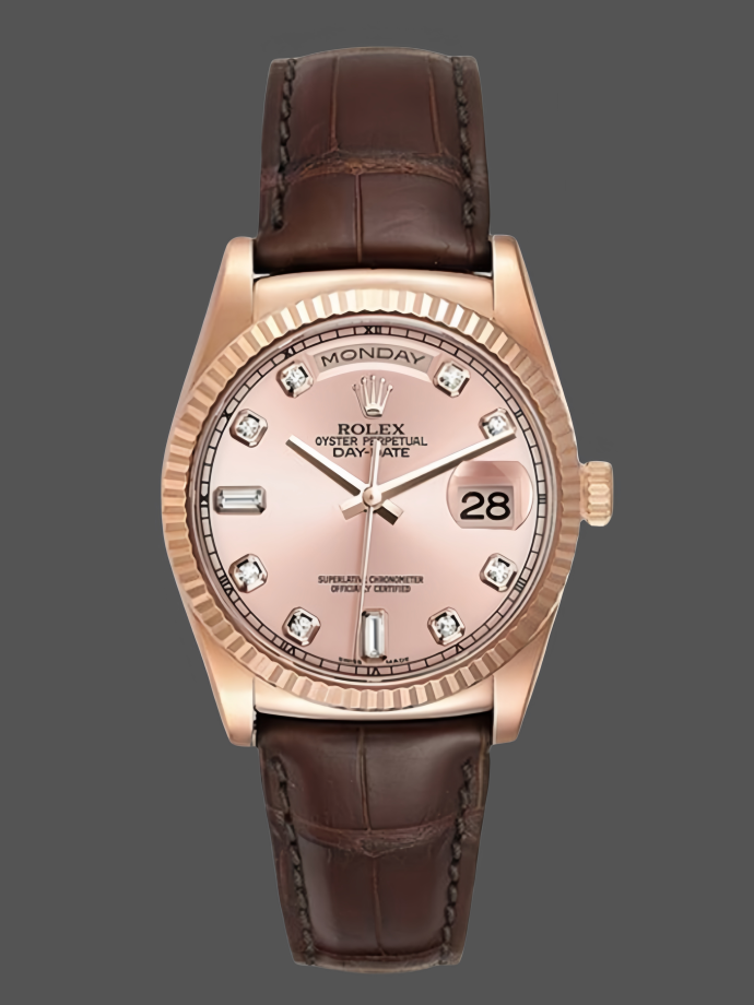 rolex day date 36 yellow gold case 118135 0101 brown leather watch