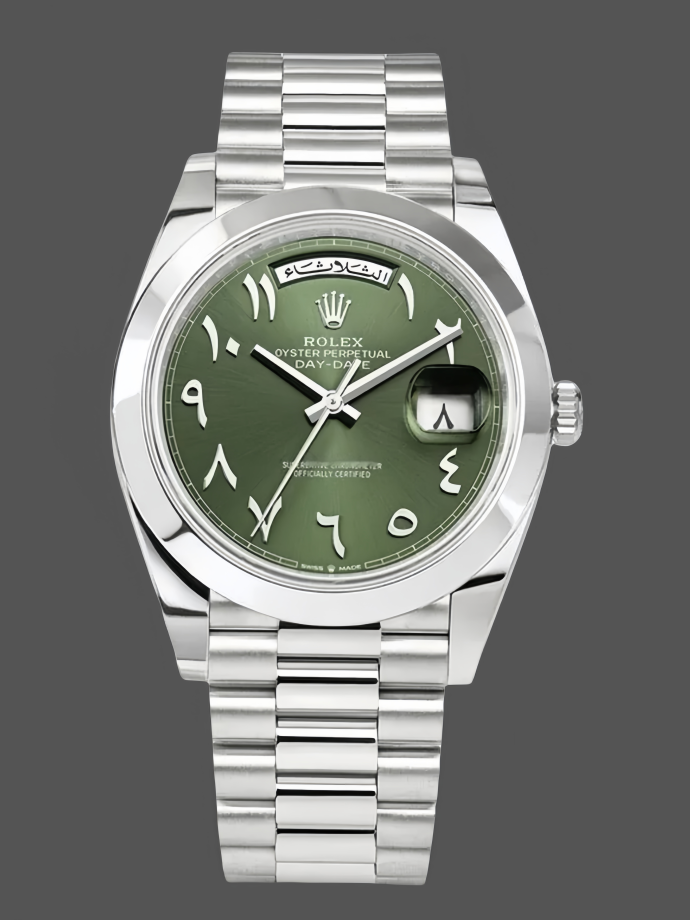 rolex day date 40mm arabic platinum olive dial 228206