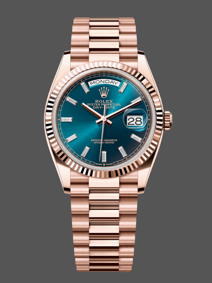 rolex day date oyster 36 mm everose gold blue green dial m128235 0085