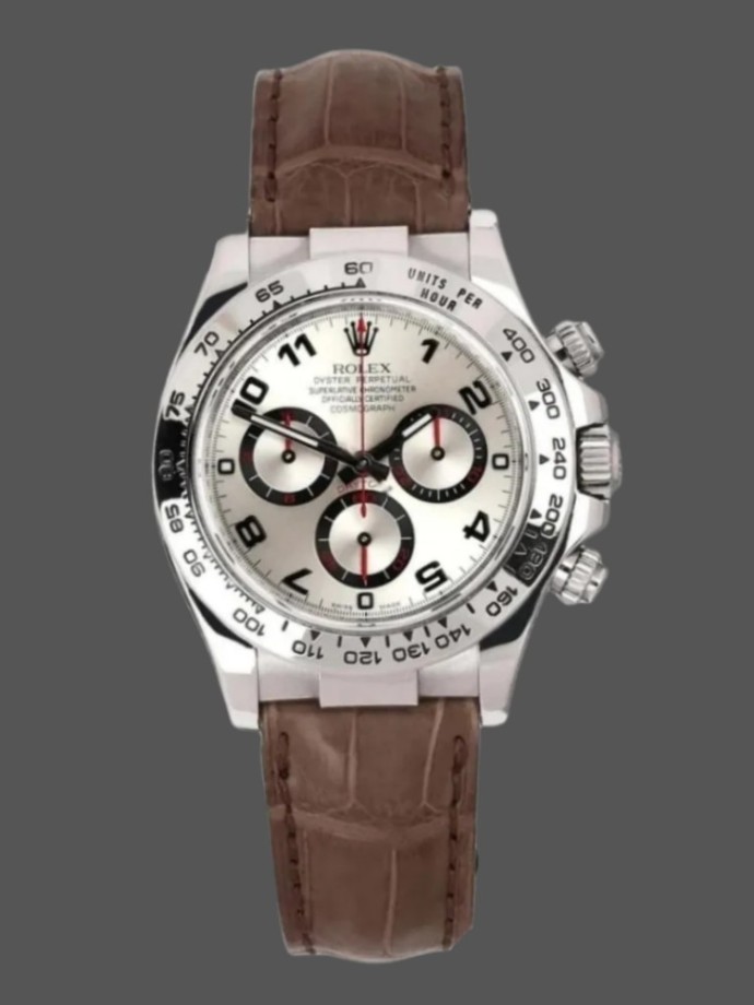 rolex daytona 116519 white gold racing dial brown leather strap