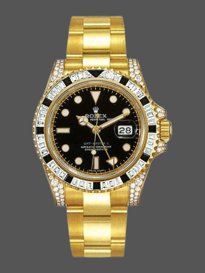 rolex gmt master ii 116758 yellow gold black dial diamonds 40mm