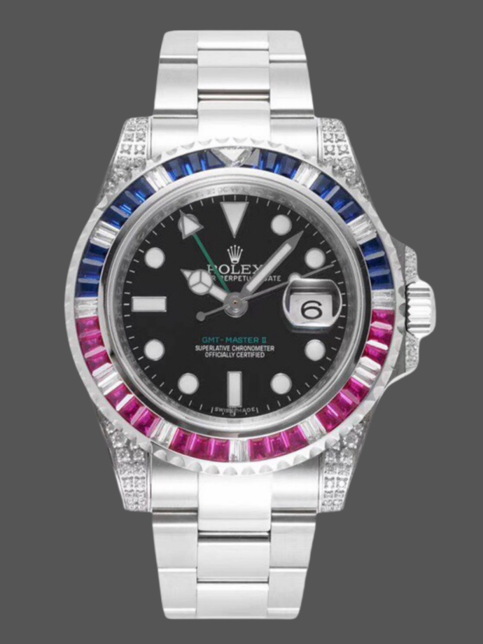rolex gmt master ii 126710blro black dial diamond case 40mm