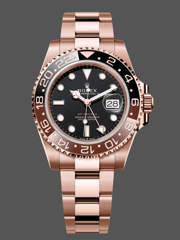 rolex gmt master ii 126715chnr black dial everose case 40mm