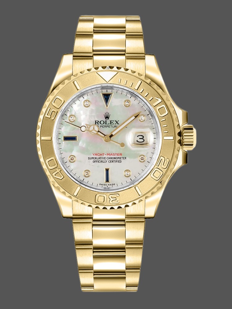 rolex yacht master 168628 white mop dial yellow gold 35mm unisex